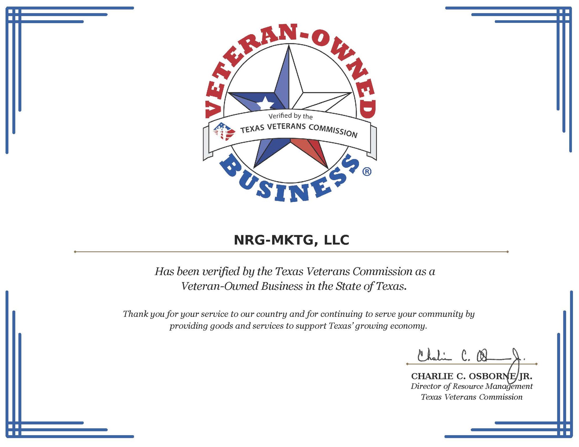 Texas Veterans Commission certification confirming Nrg Mktg as a verified veteran owned business Texas Veterans Commission certification confirming Nrg Mktg as a verified veteran owned business