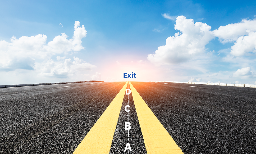 A road leading to an “Exit” point, with milestone letters A, B, C, and D marking the stages of start-up growth and progression toward an exit outcome. A road leading to an “Exit” point, with milestone letters A, B, C, and D marking the stages of start-up growth and progression toward an exit outcome.
