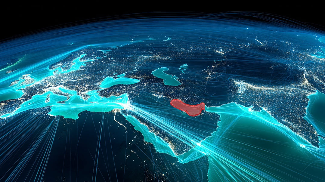 Stylized map of global trade routes across Europe, the Middle East, and Asia with the Hormuz region highlighted.