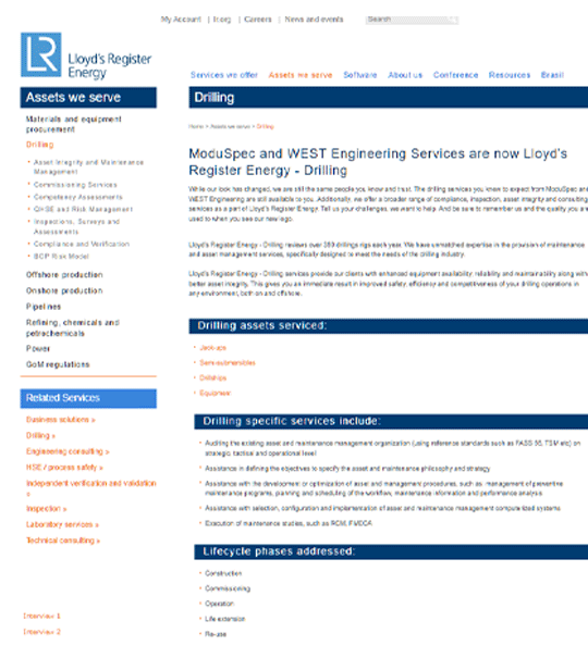 Drilling services page announcing integration of multiple engineering and technical service capabilities into a unified global drilling offering with defined services and lifecycle scope